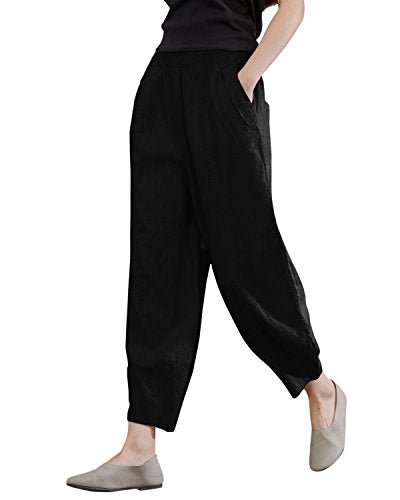 31MhKw5QmiL.jpg Women's 100% Linen Pants Relax Fit Lantern Cropped TaperedPants Trousers with Elastic Waist