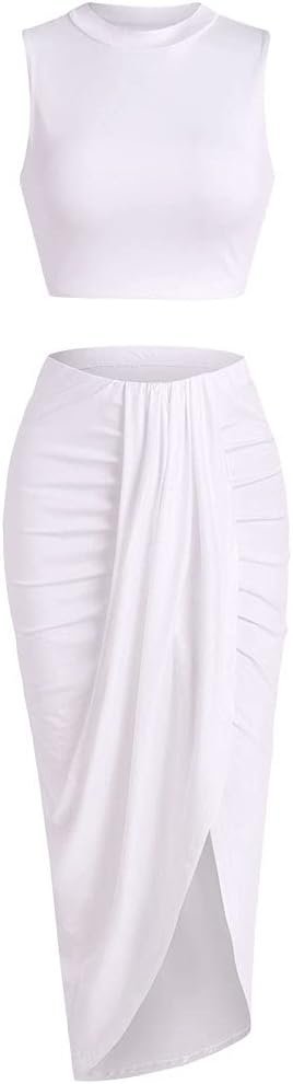 Women’s 2 Pieces Skirt with Crop Tank, High-Slit Twist Skirt Set Bodycon Dress for Party Club Nightout Cocktail