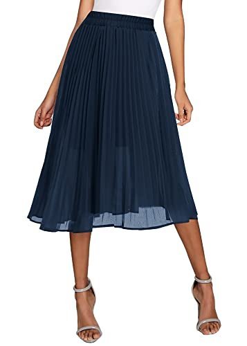 Women's Elastic High Wasit Pleated Skirt Woven Casual Midi Swing Skirt