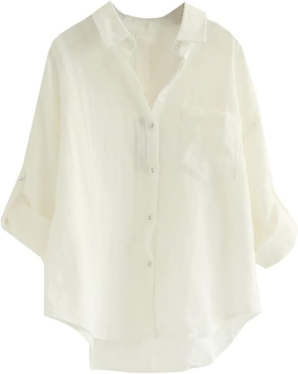 Women's Linen Blouse High Low Shirt Roll-Up Sleeve Tops