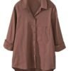 Women's Long Sleeve Shirts Button Down Blouse Cotton Tunic High Low Tops