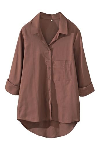 Women's Long Sleeve Shirts Button Down Blouse Cotton Tunic High Low Tops