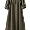Women's Cotton Linen Dress Short Sleeve Midi Casual Tunic Dress with Pockets