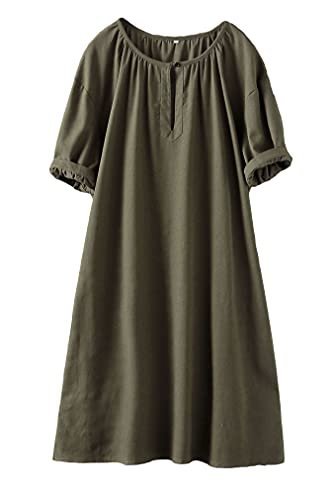 Women's Cotton Linen Dress Short Sleeve Midi Casual Tunic Dress with Pockets