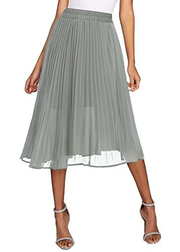Women's Elastic High Wasit Pleated Skirt Woven Casual Midi Swing Skirt