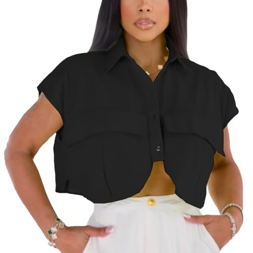 2024 Women's Summer Cute Button Down Shirts Crop Tops Fashion Lapel Cap Sleeves Blouse Trendy Streetwear