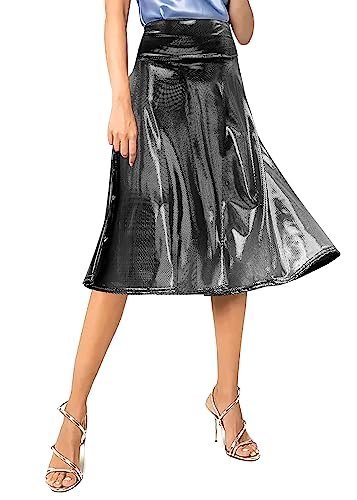 Women's Casual Ruched Stretchy High Waist A-Line Skirt Pleated Flared Midi Skirt