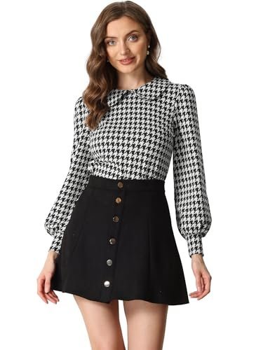 Women's Peter Pan Collar Shirt Fashion Puff Long Sleeve Houndstooth Plaid Blouse