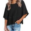Womens Fashion T-Shirt CrewNeck 3/4 Sleeves Solid Color Loose Basic Pullover Tops Summer Casual Tees Blouses