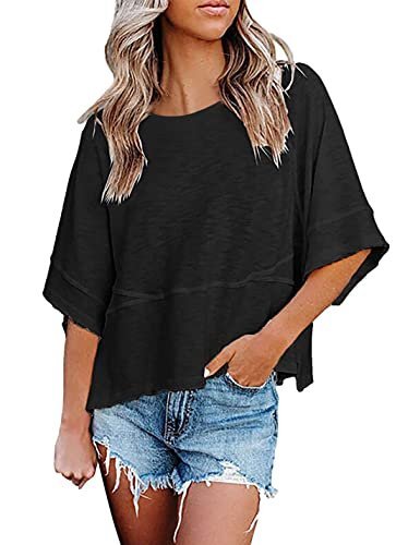 Womens Fashion T-Shirt CrewNeck 3/4 Sleeves Solid Color Loose Basic Pullover Tops Summer Casual Tees Blouses