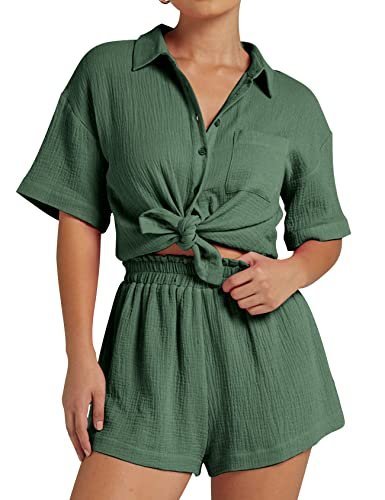 Women's 2 Piece Outfits Track Suits Matching Sets Loungewear for Vacation Button Down Shirt and Shorts Set