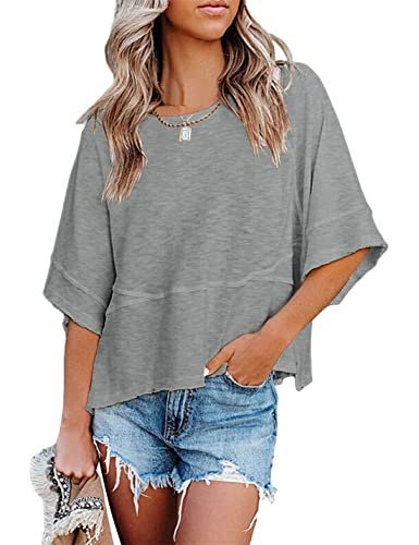 Womens Fashion T-Shirt CrewNeck 3/4 Sleeves Solid Color Loose Basic Pullover Tops Summer Casual Tees Blouses