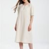 Women's Cotton Linen Dress Short Sleeve Midi Casual Tunic Dress with Pockets