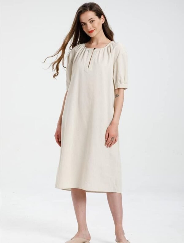 Women's Cotton Linen Dress Short Sleeve Midi Casual Tunic Dress with Pockets