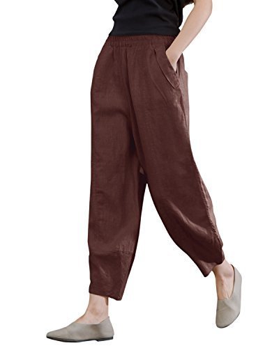 41JXK4y0dTL.jpg Women's 100% Linen Pants Relax Fit Lantern Cropped TaperedPants Trousers with Elastic Waist