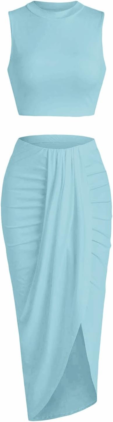 Women’s 2 Pieces Skirt with Crop Tank, High-Slit Twist Skirt Set Bodycon Dress for Party Club Nightout Cocktail