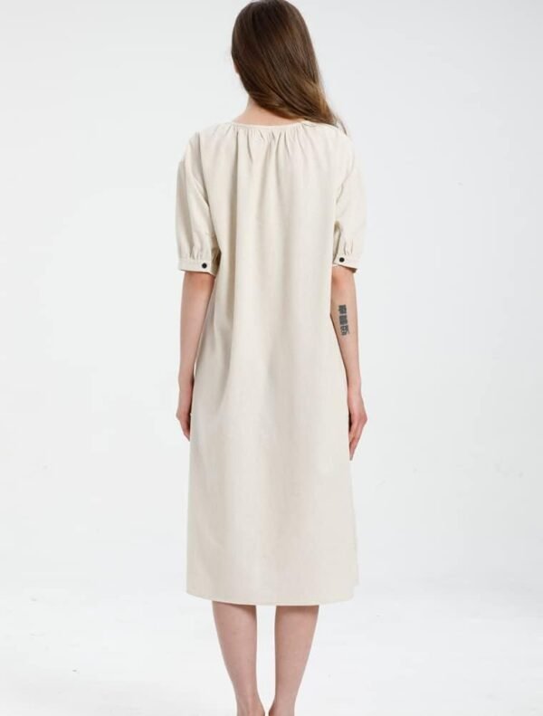 Women's Cotton Linen Dress Short Sleeve Midi Casual Tunic Dress with Pockets