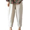 Women's Linen Cropped Pants Tapered Ankle Capris Trousers Elastic Waist