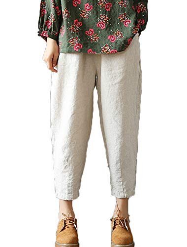 Women's Linen Cropped Pants Tapered Ankle Capris Trousers Elastic Waist
