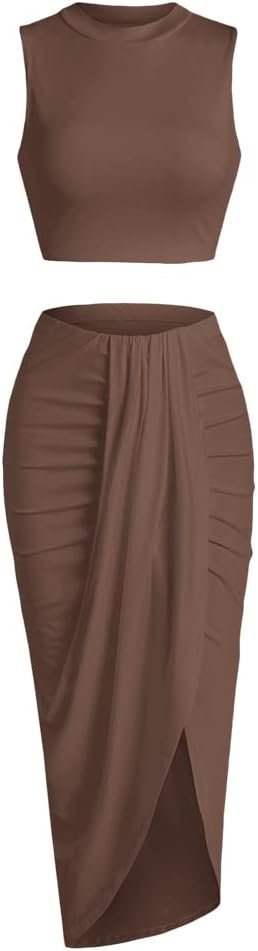 Women’s 2 Pieces Skirt with Crop Tank, High-Slit Twist Skirt Set Bodycon Dress for Party Club Nightout Cocktail