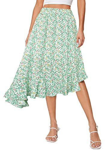Women's Boho Floral High Waisted High Low Asymmetric Hem Midi Skirt