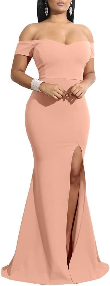 Women's Off Shoulder High Split Long Formal Party Dress Evening Gown