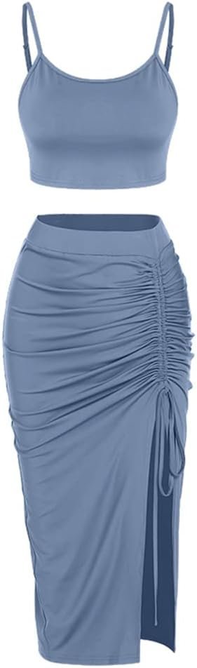 Women’s 2 Pieces Skirt with Crop Tank, High-Slit Twist Skirt Set Bodycon Dress for Party Club Nightout Cocktail