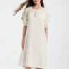 Women's Cotton Linen Dress Short Sleeve Midi Casual Tunic Dress with Pockets