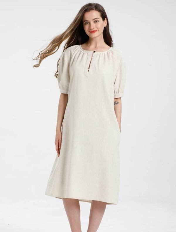 Women's Cotton Linen Dress Short Sleeve Midi Casual Tunic Dress with Pockets