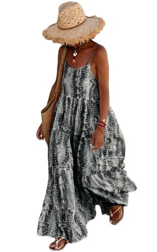 Women Summer Dresses 2024 Spaghetti Strap Scoop Neck Floral Maxi Dress Flowy Boho Long Sundress with Pockets