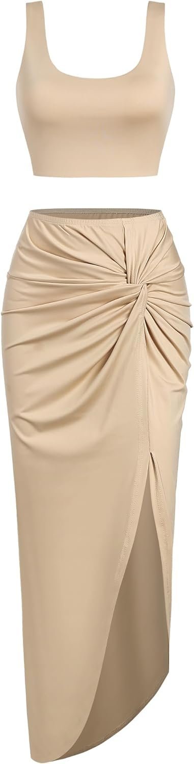 Women’s 2 Pieces Skirt with Crop Tank, High-Slit Twist Skirt Set Bodycon Dress for Party Club Nightout Cocktail