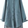 Women's Linen Shirts Button Down Long Tunic Tops Plus Size Blouse with Pockets