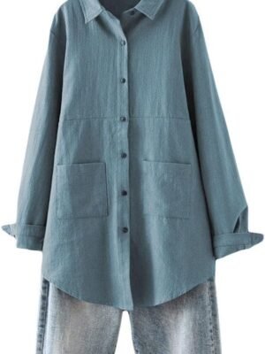 Women's Linen Shirts Button Down Long Tunic Tops Plus Size Blouse with Pockets