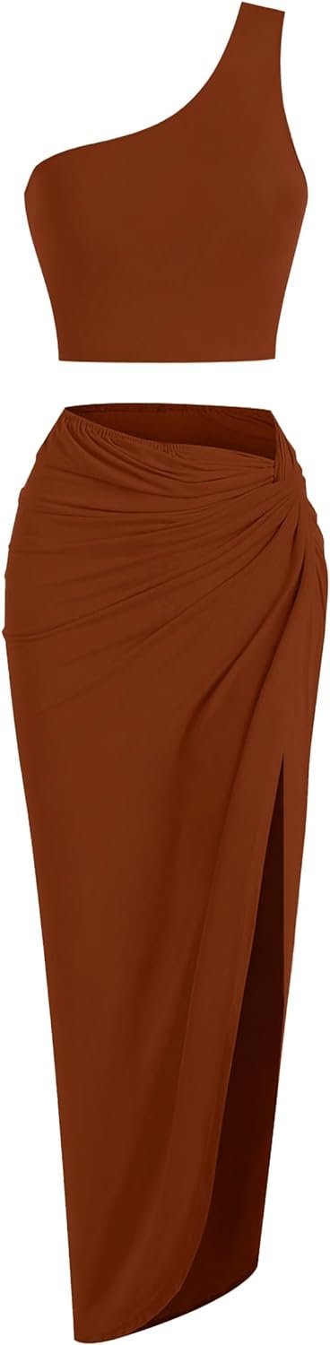 Women’s 2 Pieces Skirt with Crop Tank, High-Slit Twist Skirt Set Bodycon Dress for Party Club Nightout Cocktail