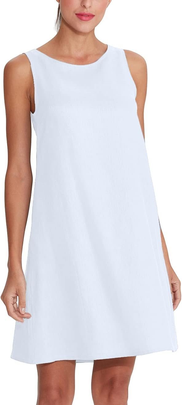 Women's Linen Sleeveless Shift Dress with Pockets Crew Neck Casual Tank Dress