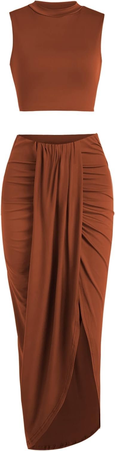 Women’s 2 Pieces Skirt with Crop Tank, High-Slit Twist Skirt Set Bodycon Dress for Party Club Nightout Cocktail