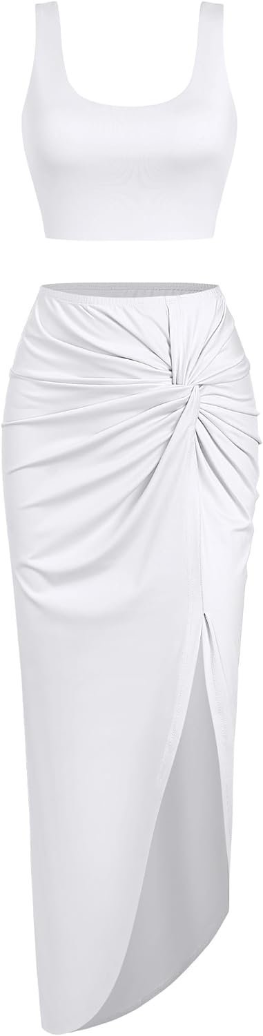 Women’s 2 Pieces Skirt with Crop Tank, High-Slit Twist Skirt Set Bodycon Dress for Party Club Nightout Cocktail