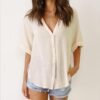 Womens Button Down Linen Shirts V Neck Roll Up Cuffed Sleeve Blouses Loose Collared Shirt Casual Formal Work Office Tops