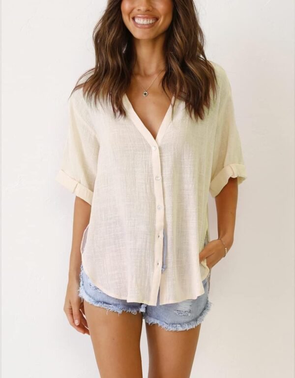 Womens Button Down Linen Shirts V Neck Roll Up Cuffed Sleeve Blouses Loose Collared Shirt Casual Formal Work Office Tops
