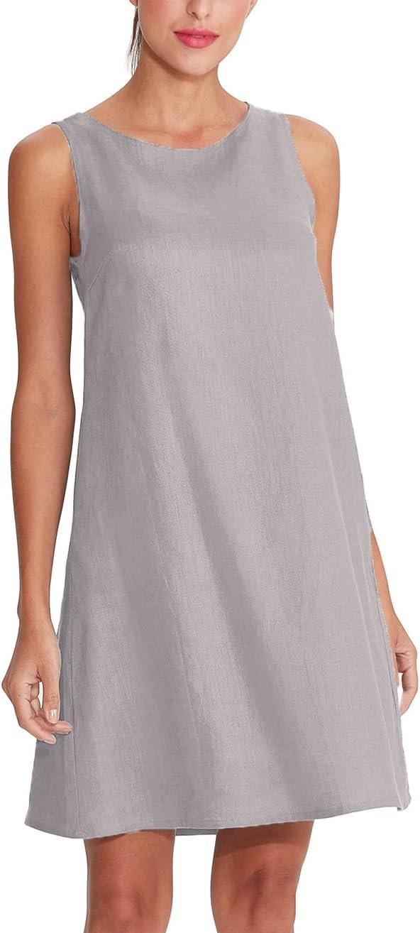 Women's Linen Sleeveless Shift Dress with Pockets Crew Neck Casual Tank Dress
