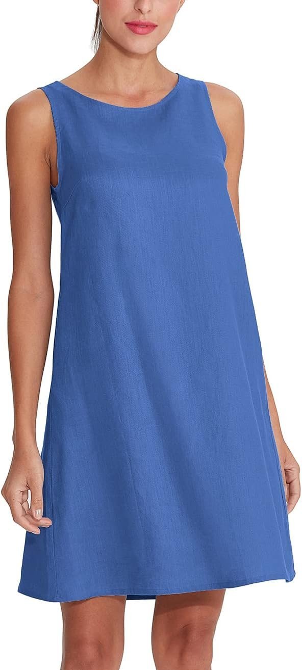 Women's Linen Sleeveless Shift Dress with Pockets Crew Neck Casual Tank Dress