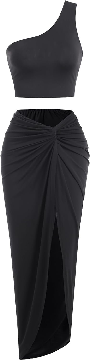 Women’s 2 Pieces Skirt with Crop Tank, High-Slit Twist Skirt Set Bodycon Dress for Party Club Nightout Cocktail