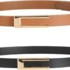 Womens Leather Belt Skinny Waist Belt for Dresses Jeans Pants with Gold Buckle