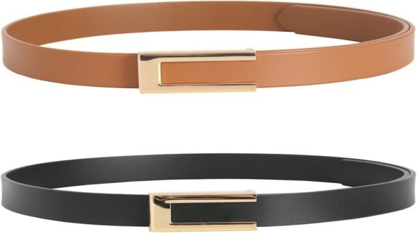 Womens Leather Belt Skinny Waist Belt for Dresses Jeans Pants with Gold Buckle