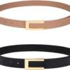 Womens Leather Belt Skinny Waist Belt for Dresses Jeans Pants with Gold Buckle