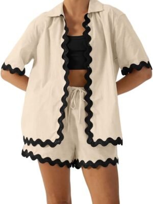 Women 2 Piece Outfits Summer Cotton Linen Button up Shirt and Shorts Set Loungewear for Beach Travel Vacation