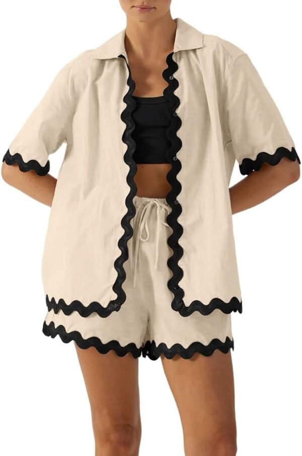 Women 2 Piece Outfits Summer Cotton Linen Button up Shirt and Shorts Set Loungewear for Beach Travel Vacation