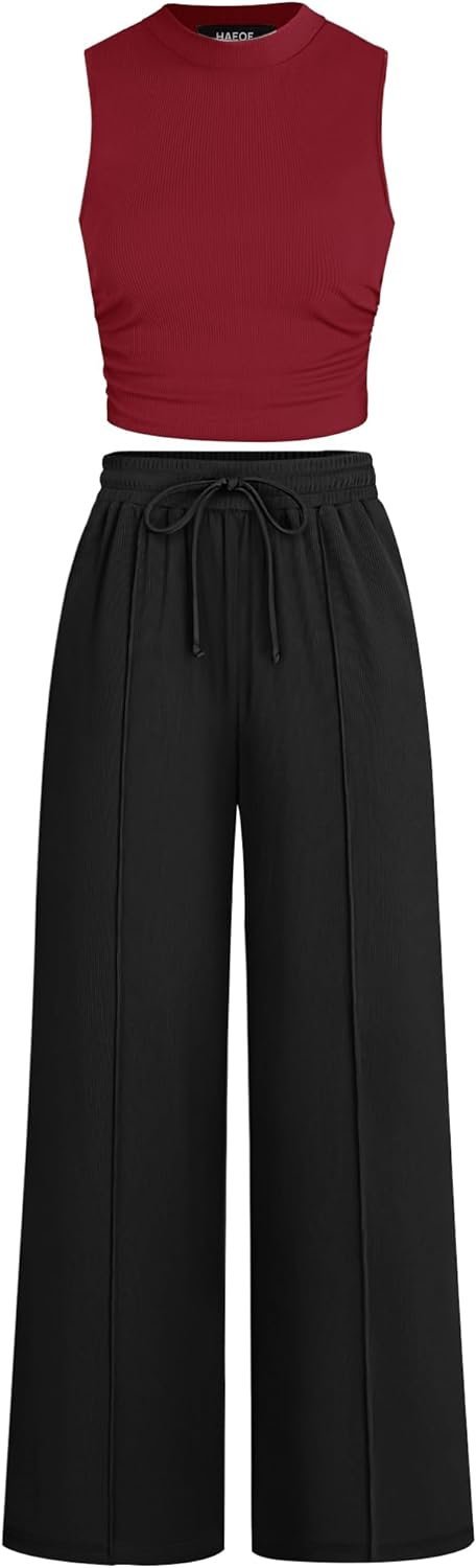 Women's 2024 Lounge Sets 2 Piece Summer Outfits Ribbed Crop Tank Tops Elastic High Waist Wide Leg Pants Matching Set