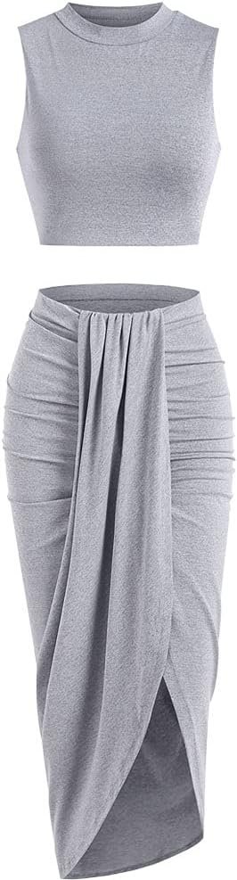 Women’s 2 Pieces Skirt with Crop Tank, High-Slit Twist Skirt Set Bodycon Dress for Party Club Nightout Cocktail