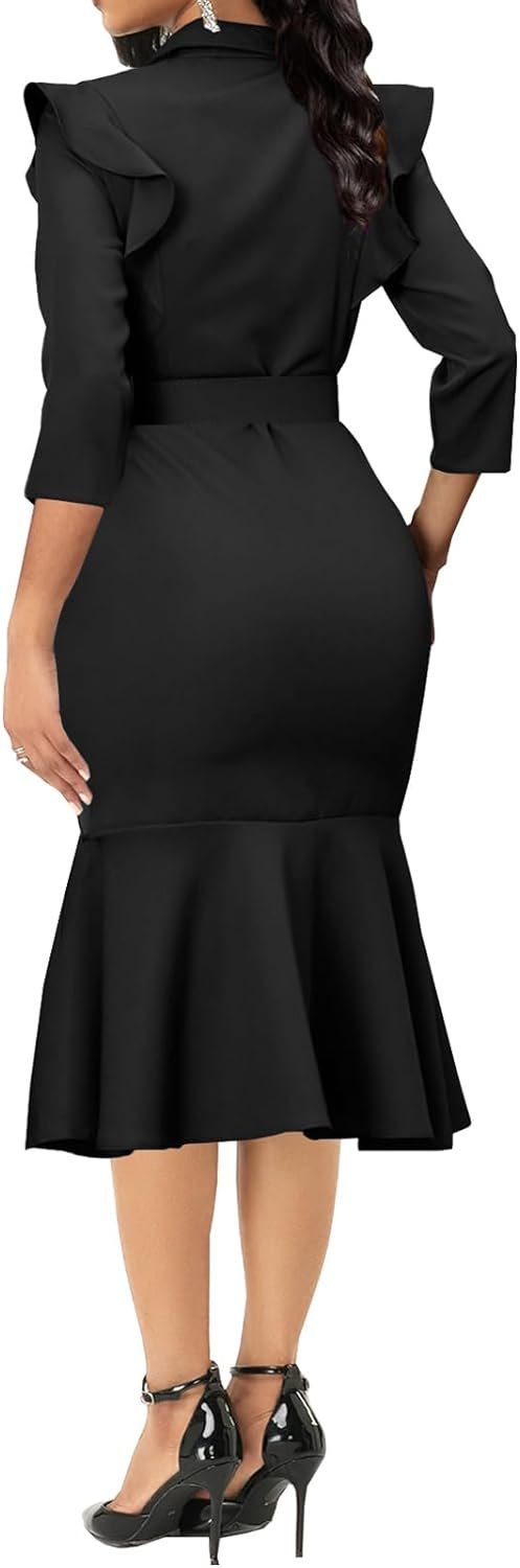 Women's Bodycon Midi Dress Long Sleeve 2024 Sexy V Neck Design and Belt